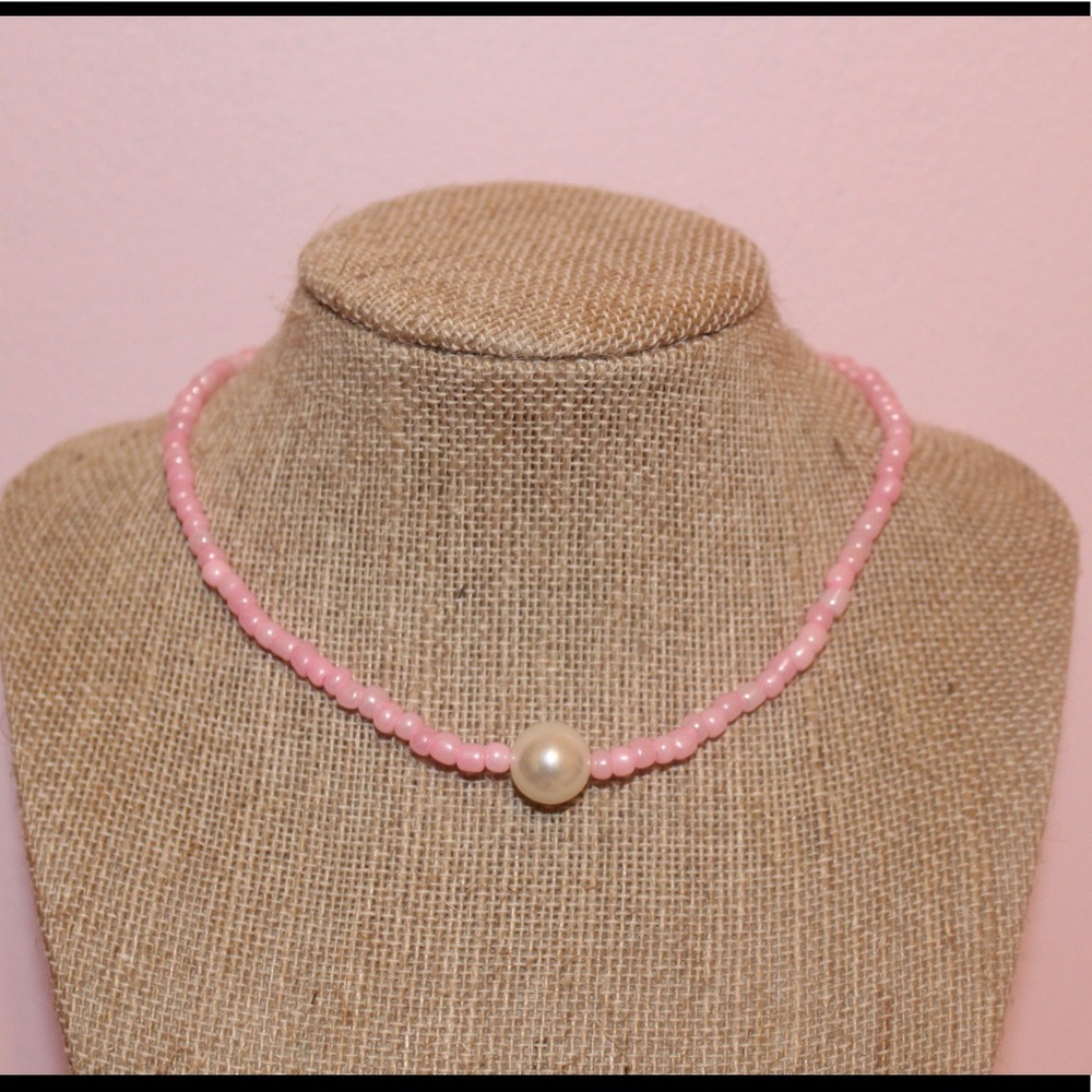 Pink Seed Bead single pearl choker necklace
